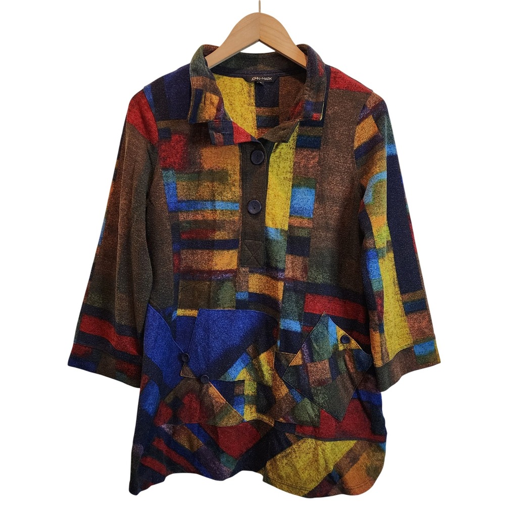 John Mark Tunic Top Women Small Multicolor Abstract Patchwork 3/4 Sleeve Button